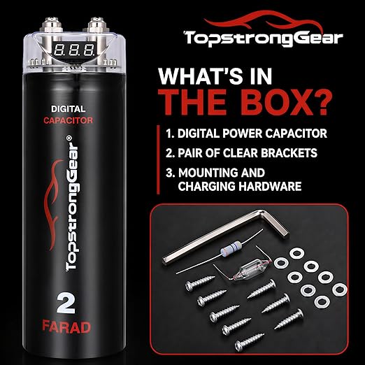 TOPSTRONGGEAR 2 Farad Digital Power Capacitor for Car Audio System, Performance Car Audio Capacitors with LED Digital Display, Voltage Readout, Surge Protection, Mounting Hardware, 12V/24V Compatible