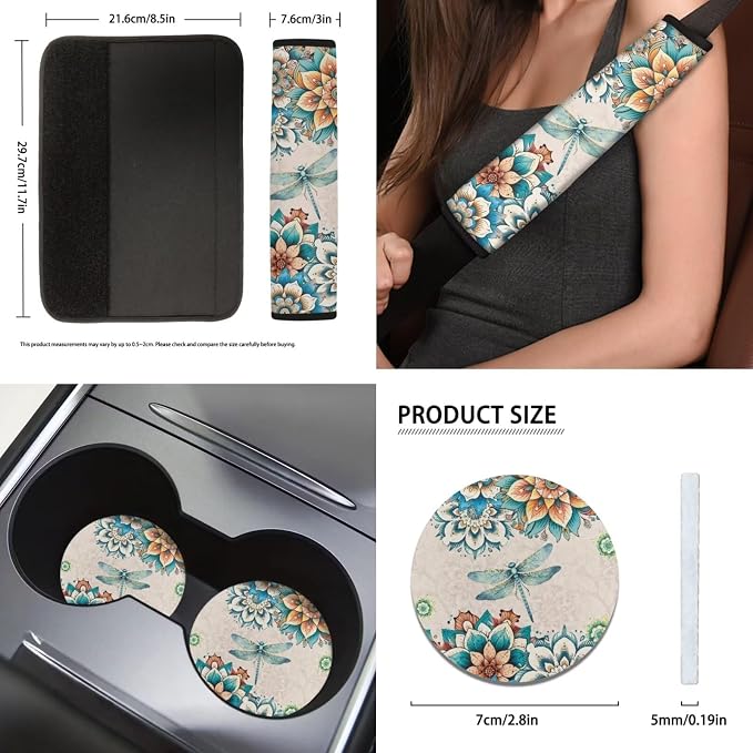 Bohemian Flower Dragonfly Car Seat Covers for Women Men，11pcs Dragonfly Auto Seat Covers for Front Back+ Steering Wheel Cover+Keychain+Cup Coaster+Lipstick Holder Keychain for Most Cars