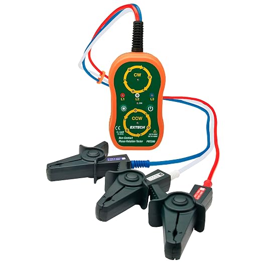 Extech PRT200 Non-Contact Phase Sequence Tester | Phase rotation (CW/CCW) and live-phase LEDs, 75-1000V AC, 45-65Hz, insulated alligator clips, magnetic back