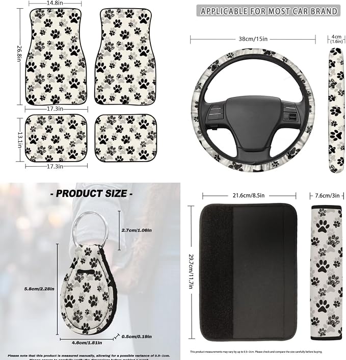 Dog Paw Print Car Seat Cover Full Set with Steering Wheel Cover Floor Mats Armrest Pad Seat Belt Pads Roof Handle Wraps Cup Coaster Keychain Automotive Interior Accessories Set of 18