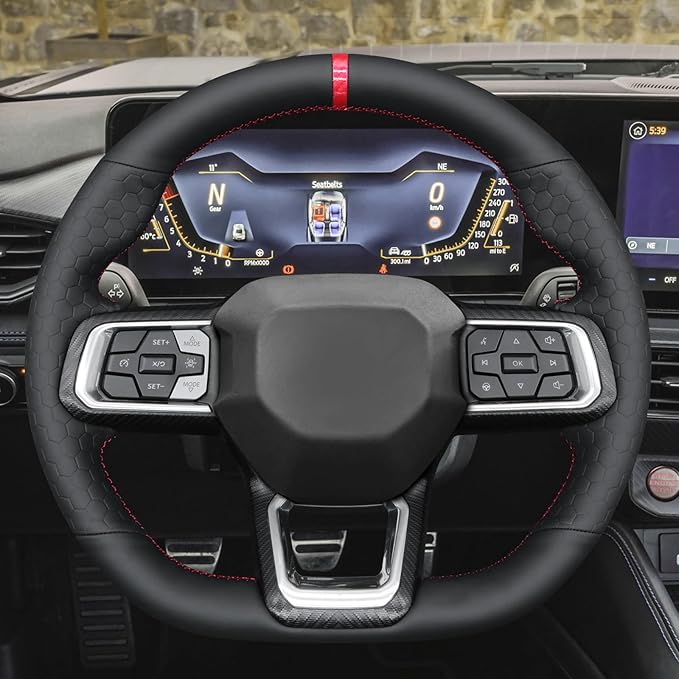 MEWANT Hand Stitch Black Smooth Hexagon Embossed Artificial Leather Steering Wheel Cover Wrap for Ford Mustang 2024