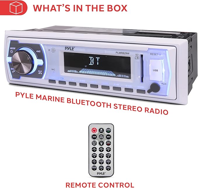 Pyle PLMRB29W Single-DIN In-Dash Digital Marine Stereo Receiver with Bluetooth (White)