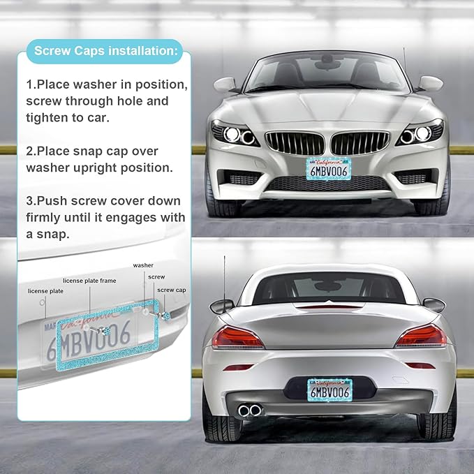 QUANQIUFEI 2 Pack Bling License Plate Frames for Women, Sparkly Rhinestone Diamond Car Accessories with Glitter Crystal Caps (Lake Blue)