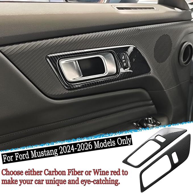 MUXEE Inner Door Handle Cover，for Ford Mustang 2024-2026 / Shelby GT350 2015-2020 / GT500 2020-2022，ABS Carbon Fiber Decal Interior Trim Cover Accessories (Without Memory seat Button Style)