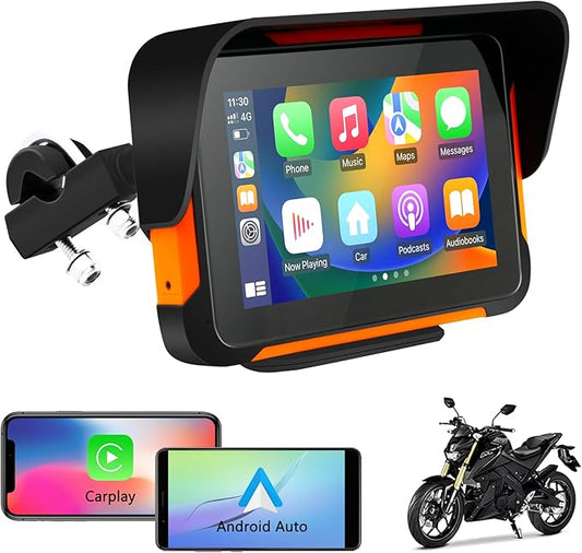 Car Stereo for Motorcycle, Universal Motorbike Wireless CarPlay & Android Auto GPS Navigation Dual Bluetooth, 5 Inch IPS Touchscreen Waterproof & Dustproof IP67 Navigator EQ System Voice Control