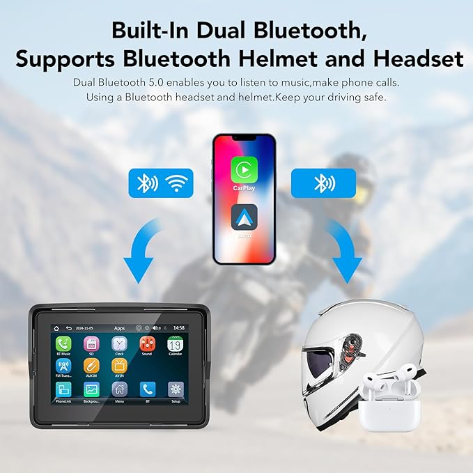 YZW Portable Wireless Motorcycle Apple Carplay & Android Auto, Motorcycle Carplay IP67 Waterproof GPS Navigation System, 5" Motorbike Touchscreen, Support Dual Bluetooth, EQ, Siri/Google Assistant