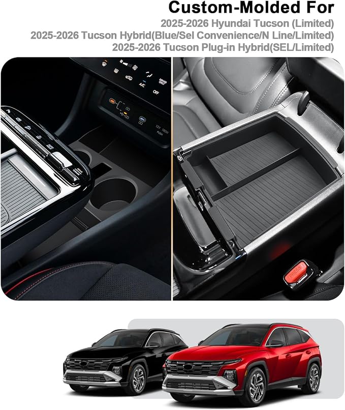 2026 Tucson Center Console Organizer - 2 Pcs Double-Layer Armrest Box Organizer+Lower Center Console Tray For 2025-2026 Tucson(Limited)/Tucson Hybrid - ONLY Fit 2025-2026 Tucson With Electronic Shift