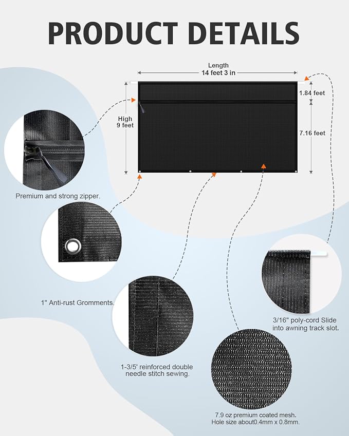Dulepax RV Awning Sun Shade Screen with Zipper 9'X14'3'' -Second Generation RV Awning Shade Screen Significantly Improves Shadew and Privacy.Universal, Awning Screen for RV Camper with Complete Kits