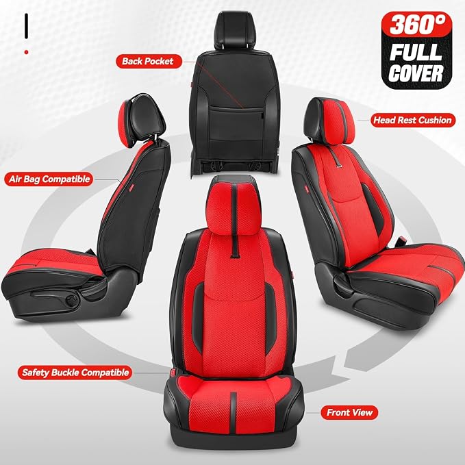 Auto Dynasty Car Seat Covers Full Set, Automotive Seat Covers for Cars Breathable Waterproof, Universal Anti-Slip Car Interior Protectors Compatible Airbag Fit Most Cars, Red, Drive Series