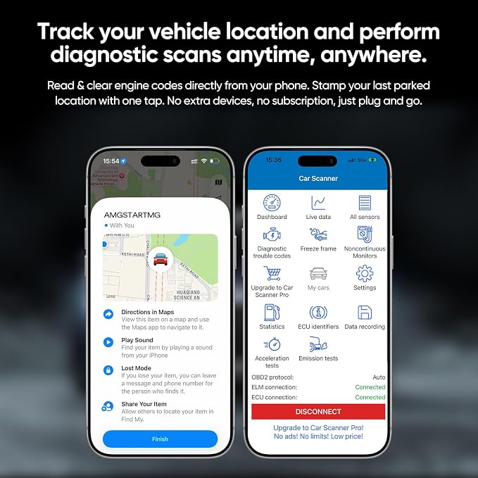 Bluetooth OBD2 Car Scanner & Code Reader with Find M Tracker for iPhone iOS Android - No Monthly Fee, Diagnose Engine ABS SRS & 7000+ Faults for Vehicles 1996 and Newer (Green)
