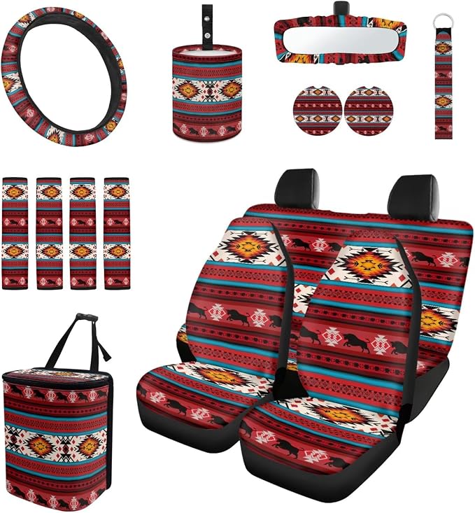 Wolf Tribal Aztec Car Seat Covers Set of 15 with Universal Steering Wheel Cover, Rearview Mirror Cover, Car Trash Can, Seatbelt Pads, Cup Holder Coasters, Keychains