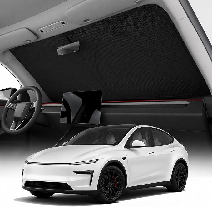 REEVAA 2026 3rd Pro Windshield Sunshade for Tesla Model Y/3 2019~2026 | Size (56 × 36 Inches) | Dual-Layer Heat & Sun Defense, OEM Design | Foldable Sun Shade Car Accessories with Storage Bag