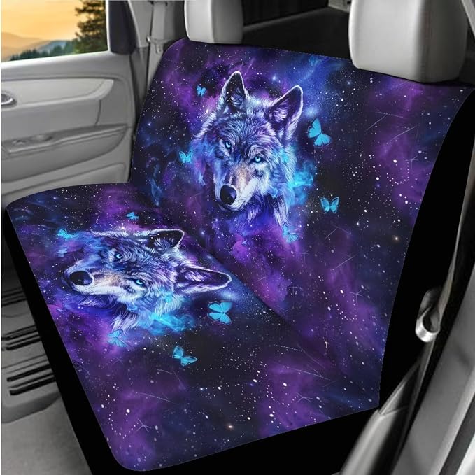 Galaxy Wolf Butterfly Car Interior Accessories Set for Women, 8 Pcs Car Seat Cover Full Set with Car Steering Wheel Cover Auto Center Console Pad Seat Belt Covers