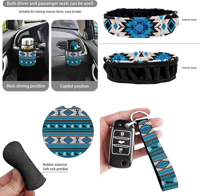 XYZCANDO Ethnic Patterns Auto Seat Cover Sets 15 PCS Car Seat Cover Set Steering Wheel Cover Seat Belt Pads Cover Storage Box Garbage Bag Car Rear View Mirror Cover Coasters Keychain Fit Most Cars