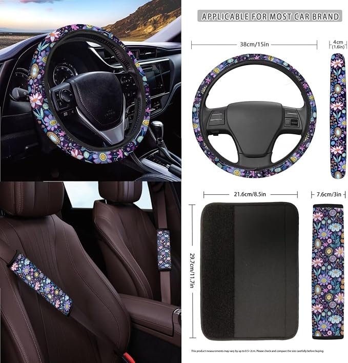 Wanyint Hippie Flower Lotus Car Seat Cover Set 15 PCS, with Steering Wheel Cover Seat Belt Pads Garbage Bag Air Vent Pocket Rearview Mirror Cover Car Coasters Keychain Fit for SUV Trucks Vans Sedans