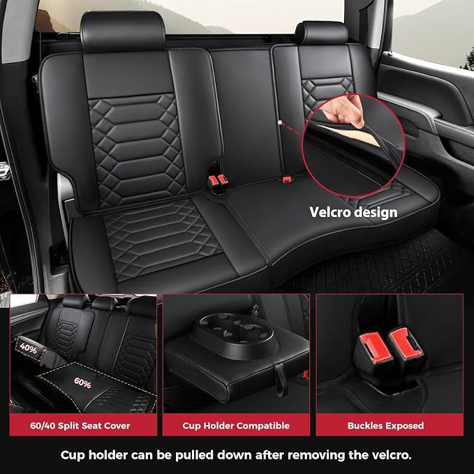 FREESOO for Silverado 2014-2018 Faux Leather Full Set Seat Covers, Fit for Chevy Silverado GMC Sierra 1500 2500 3500 Crew Cab Waterproof Truck Seat Covers Black