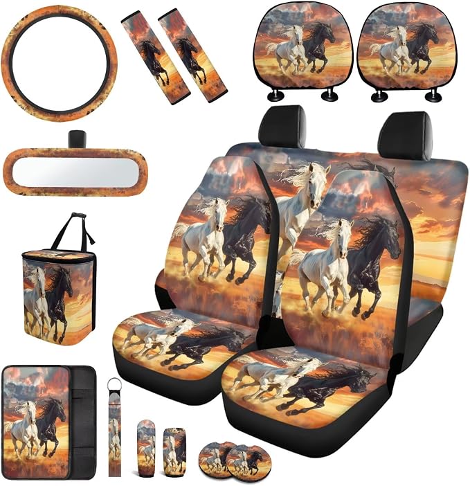 Horse Car Seat Covers Full Set of 17 Pack,Beach Car Aaccessories with Auto Seat Head Rest Protector,Animal Car Trash Can,Center Console Cover,Cup Holder Coasters,Universal Fit Most Car