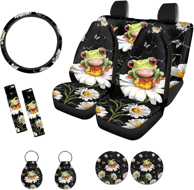 Suobstales Frog Daisy Marble Print Car Seat Covers Front Back Split Bench Protector for SUV Truck Van, 15 Inch Steering Wheel Covers, Seat Belt Covers, Coasters, Keychain Auto Decor for Women Men