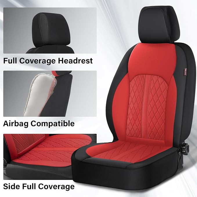 Coverado Universal Leather Seat Covers Front Seats, 2-Pack Seat Covers for SUV, Pickup Truck, Sedan, Automotive Vehicle Interior, Waterproof and Durable All Weather Protector，Red