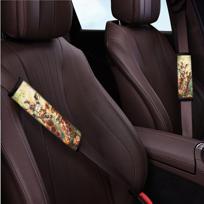 BIGCARJOB Animal Giraffe Car Seat Cover Sets 12 Pcs Auto Interior Accessories Funny Giraffe Print Seat Belt Cover,Armrest Seat Box Cover Cushion,Cup Mats,Universal Car Seat Protector Sets