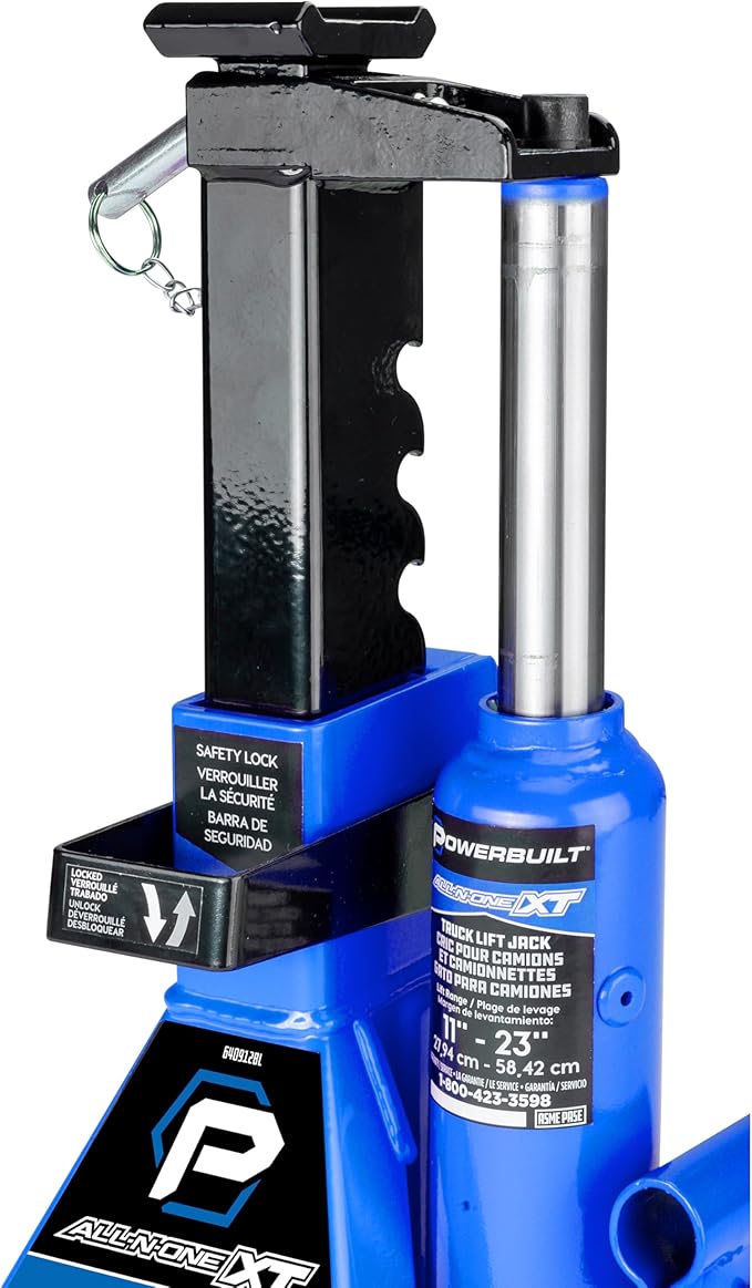 POWERBUILT 3 Ton All-in-One Hydraulic Bottle Jack and Jackstand in One, Compact, Wide Base, 11-21 Inch Range, Eliminates Jackstands, for Trucks, SUVs, RVs, Trailers, ASME, Not for Sedans - 640912
