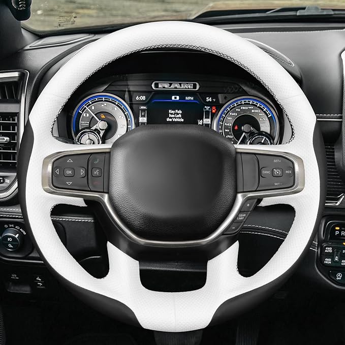 MEWANT Hand-Stitched Steering Wheel Cover Wrap for Dodge Ram 1500 2019-2023 Steering Wheel Accessories for Dodge Ram(Backsides Without Buttons)