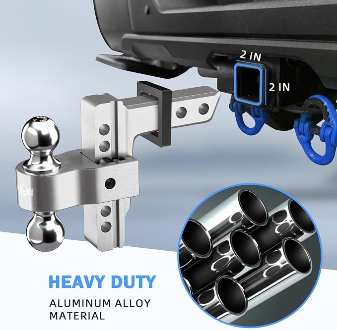Adjustable Trailer Truck Drop Hitch - Fits 2 Inch Receiver Only, 6 Inch Drop/Rise Dual Ball Mount 2" and 2-5/16" Up to 12,500 LBS GTW, Heavy Duty Towing Hitch with 2 Locks & 4 Silencer Pads (Silver)