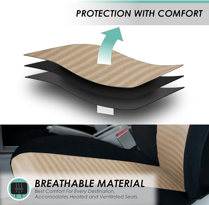FH Group Car Seat Covers Trendy Elegance 3D Air Mesh Car Accessories, Airbag Compatible and Split Ready Beige Three Row Set 8 Headrest Covers Universal Fit Interior Accessories for Cars Trucks SUV