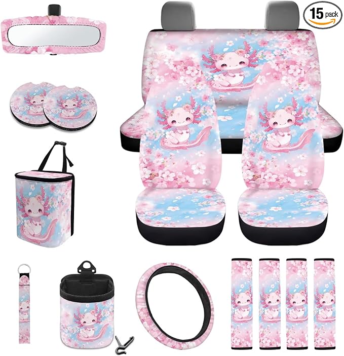 Cute Axolotl Print Car Accessories Seat Covers Full Set Cherry Blossom Print Car Front Back Seat Cover Steering Wheel Cover Safety Belt Pads Car Rear View Mirror Protector