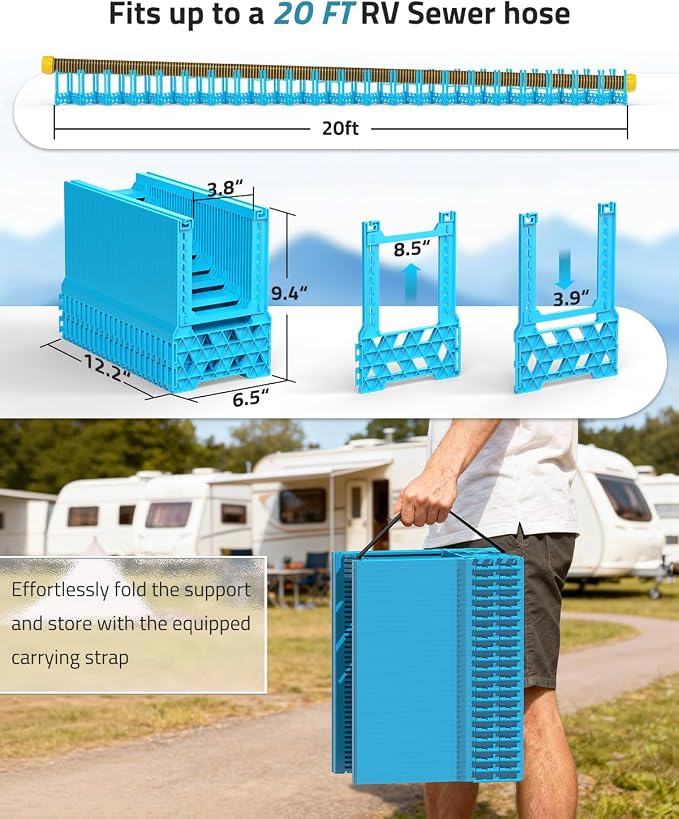 PAULINN 20FT RV Camper Sewer Hose Support, Height Adjustable Sewer Hose Support for RV Camper, Deep Cradles Design, Quick Setup and Takedown, w/Secure Rubber Band & Carrying Strap