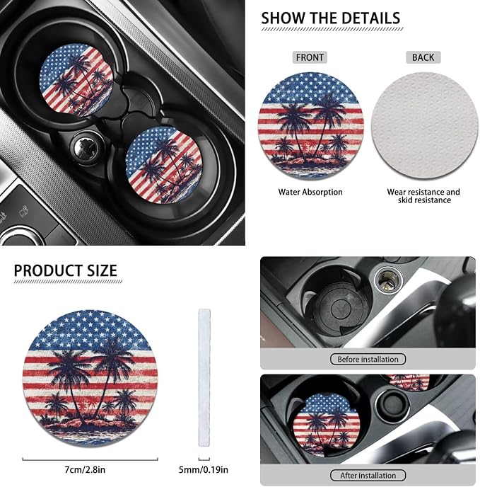 Wanyint Car Seat Cover Full Set 12 PCS, with Steering Wheel Seat Belt Strap Armrest Pad Handbrake Cover Gear Shift Cover Coasters Universal Fit for 4th of July, Hawaiian Palm Tree US Flag
