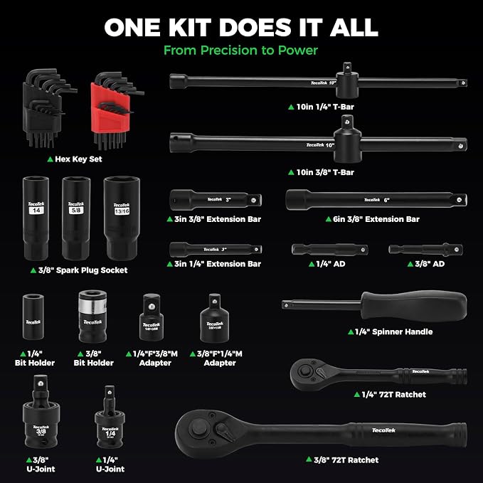 TecoTek 1/4" & 3/8" Dr. Impact Socket Set, 189 Piece Socket Wrench Set Mechanic Tools, Metric and SAE Full Set, CR-V, Deep & Shallow Socket with Ratchet Handle, Spark Plug Socket, Bits for Mechanic
