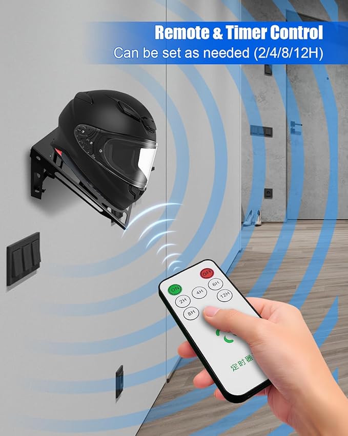 Motorcycle Helmet Dryer Holder with Ventilation Fan, Heavy Duty Helmet Rack Wall Mount, Helmet Stand with Timer Remote Control, 110-220V Auto Fan for Quick Drying