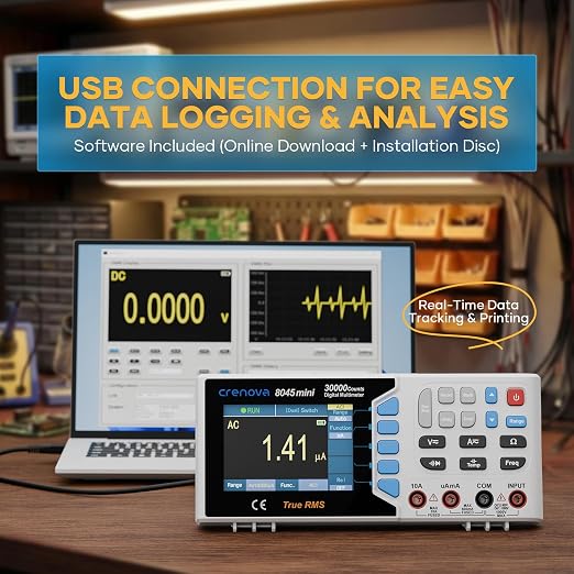 Crenova 30000 Counts True RMS Digital Multimeter, Desktop Bench Multimeter for Lab & Industrial Use. USB Data Logging, CAT II 600V. Measures Voltage, Current, Resistance, Capacitance, Temperature.