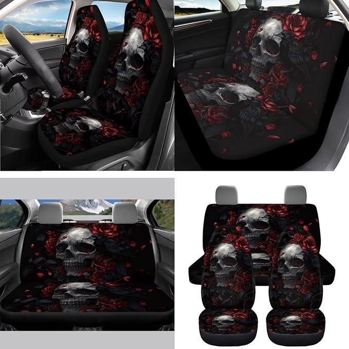 Black Red Skull Rose Car Seat Covers Full Set 15 Pcs Universal Car Accessories Steering Wheel Cover Seat Belt Pads Garbage Bag Car Headrest Pillow Covers Armrest Pad
