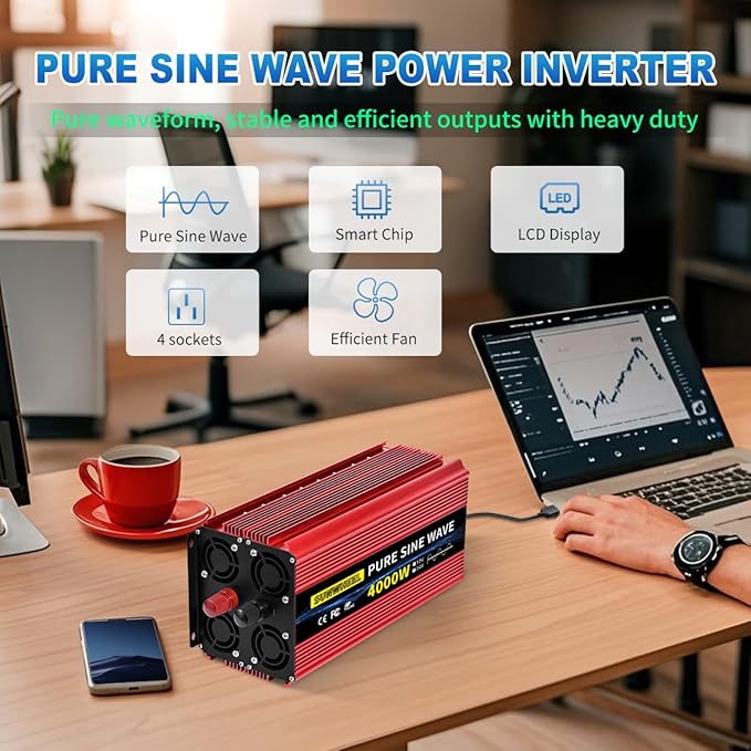 SUNWHEEL 4000W Pure Sine Wave Inverter, Solar Off-Grid Inverter, 12V DC to 110V 120V AC for RV、Microwave、Truck、Refrigerator、Freezer、TV、Air Conditioner with 4 AC outlets and LCD Display