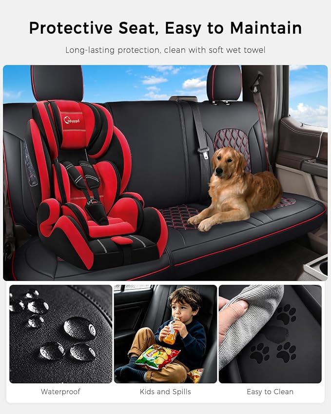 Huidasource F150 Rear Seat Covers, Split Back Leather Seat Cushion Cover Fit for 2015-2026 Ford F150 SuperCrew & 2017-2026 F250 F350 F450 Super Duty Crew Cab Pickup Truck (Back Row/Black&Red)