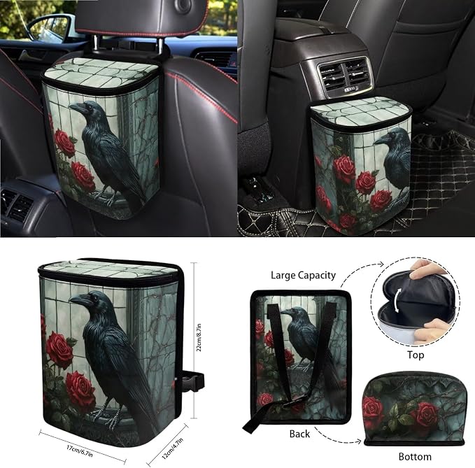 Crow Rose Flower Pattern Car Accessories Set of 15, Full Set Seats Covers, Auto Streering Wheel Cover Trash Bin, Seat Belt Pad Keychain Coasters Air Vent Storage Bag