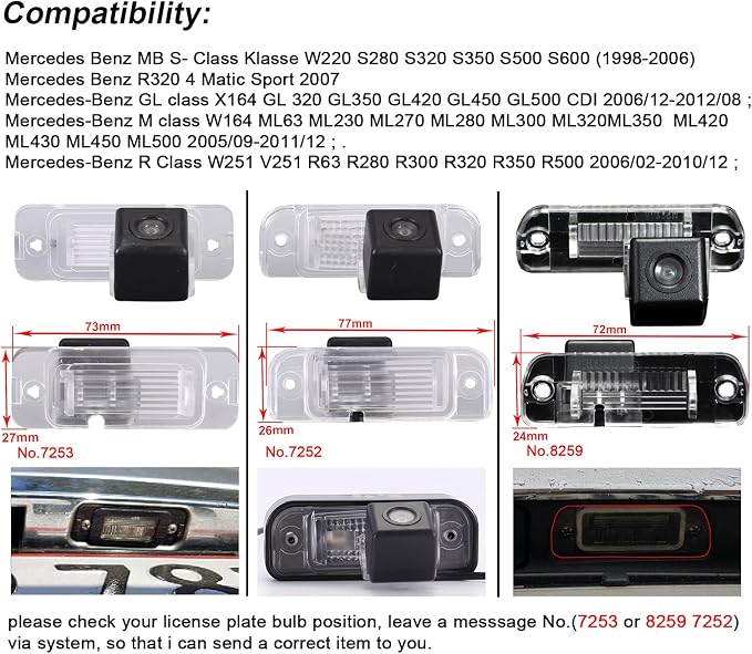 Car Back Up Camera for Benz S GL M R Class W220 S280 S320 S350 S500 S600 4 Matic X164 GL320 GL350 GL420 ML230 ML270 ML280 ML300 ML320 ML420 ML430 ML450 ML500 W251 V251 R63 R280 R500