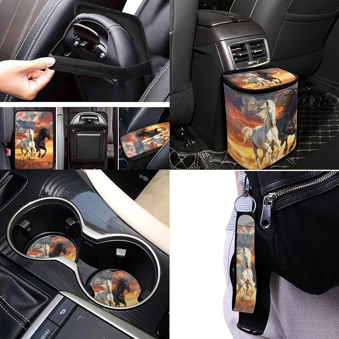 Horse Car Seat Covers Full Set of 17 Pack,Beach Car Aaccessories with Auto Seat Head Rest Protector,Animal Car Trash Can,Center Console Cover,Cup Holder Coasters,Universal Fit Most Car