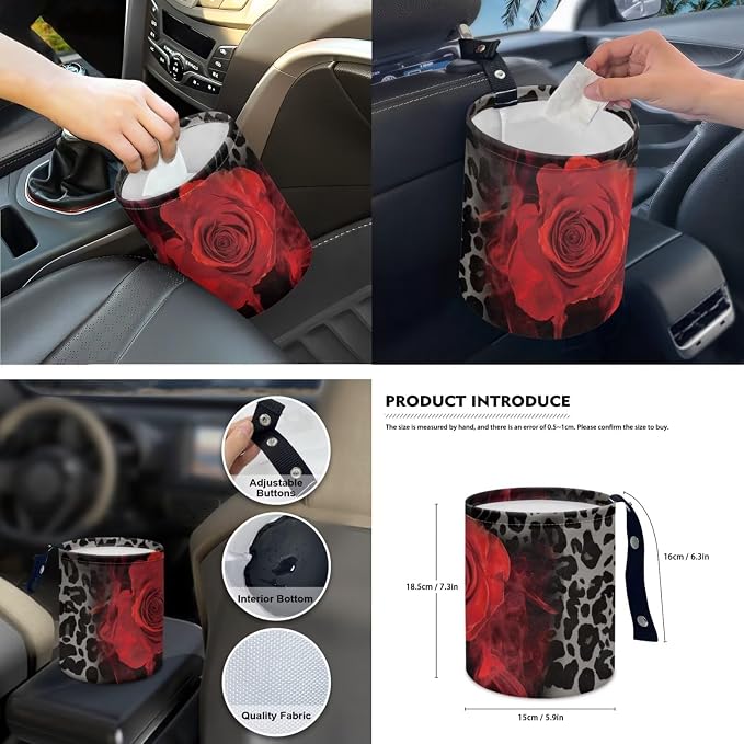 15 Pcs Black Leopard Car Seat Covers Full Set for Women Goth Rose Car Accessories Interior Car Steering Wheel Cover Seatbelt Covers Trash Bin Rear View Mirror Cover Cup Holders Keychain