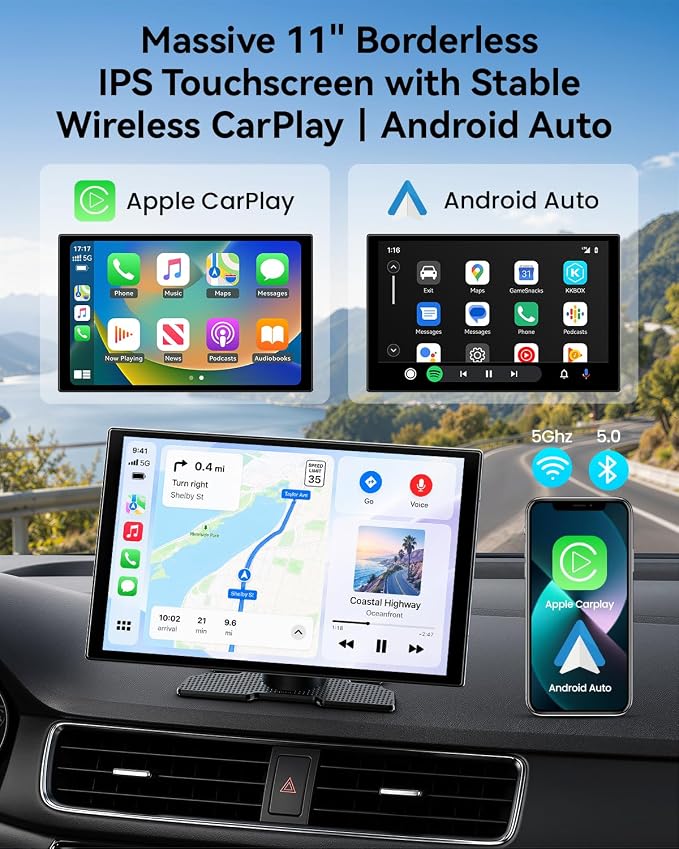 11'' Wireless CarPlay & Android Auto Screen for Car, Full Laminated HD Touchscreen, 4K Dash Cam, 1080P Rear Camera, 5GHz WiFi, Bluetooth 5.0, FM/AUX, Phone Mirroring, Voice Control, 64GB Card Included