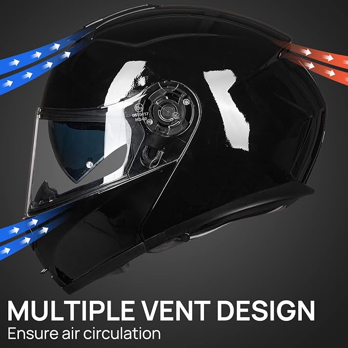 ILM Adult Motorcycle Modular Full Face Helmet Flip up Dual Visor DOT Approved Model 159(Gloss Black,X-Large)