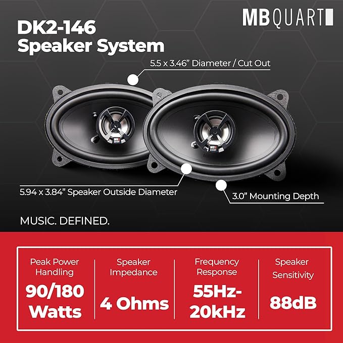 MB Quart 4x6" 2 Way Car Audio Coaxial Speakers with Polypropylene Cones & Butyl Rubber Surrounds for Enhanced Quality, 180W Peak Power, 88 dB, Pair