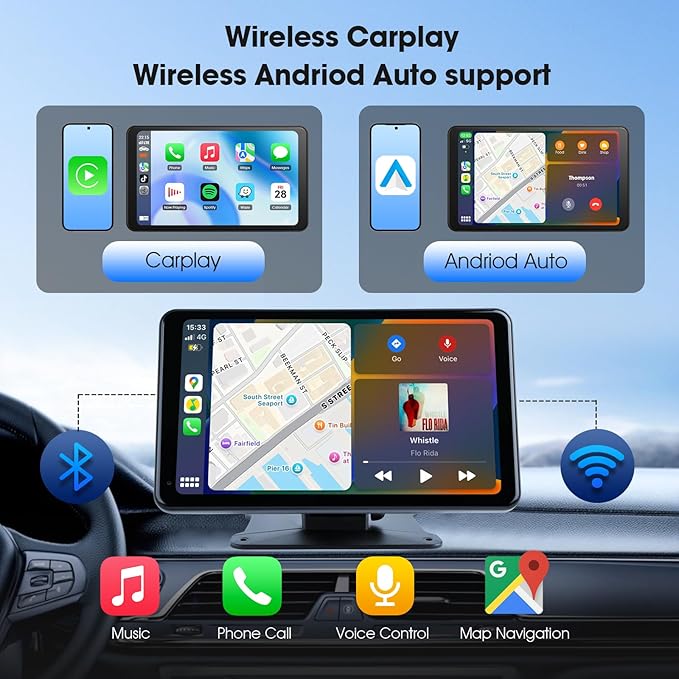 Haudio 7" Portable Wireless CarPlay & Android Auto Car Stereo with Backup Camera, 7" HD Touch Screen, GPS, Voice Control, Plug & Play for Older Cars - Universal Fit