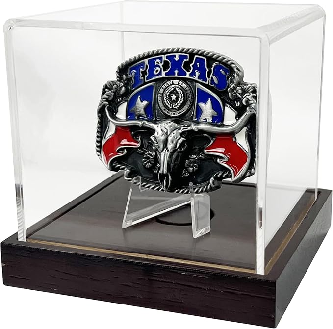 Belt Buckle Display Case - 4"x4"x3.5" Clear Acrylic Box with Solid Wood Base & Stand - UV Protected, Dust-Resistant - for Coins, Watches, Medals, Cards