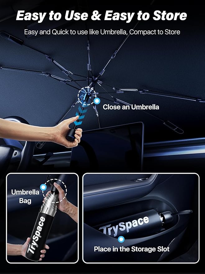 TrySpace Car Windshield Sun Shade Umbrella - [Silver Heat Shield & UV Reflective] Protector for Cars, Universal Fit Large (61" L x 35" W) | 25°F Cooler, Friendly Vinyl Coatings