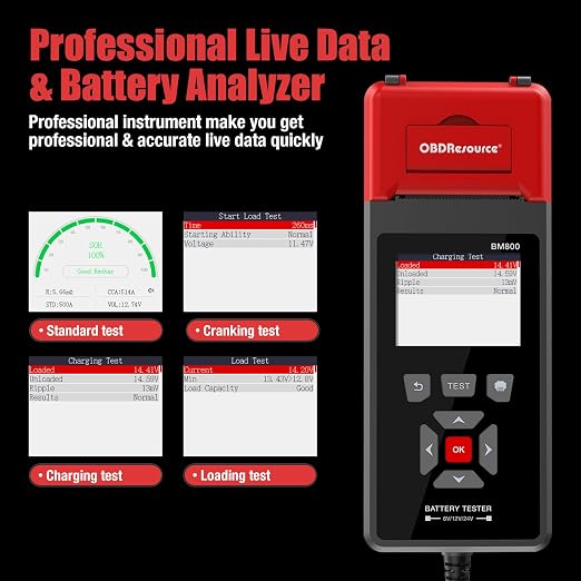 OBDResource Professional Car Battery Tester with Printer 6V 12V 24V 100-2000CCA Digital Battery Voltage Tester for Automotive Standard, Cranking, Charging & Load Test, BM800 Battery Load Tester