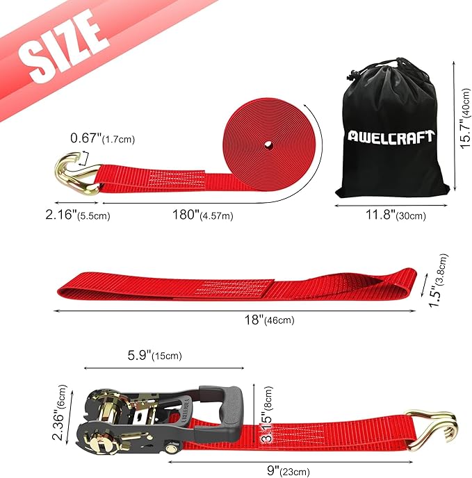 AWELCRAFT Ratchet Straps Heavy Duty 4 Pack,4500lbs Breaking Strength,1.5in×15ft Tie Down Ratcheting Strap with Padded Handles, Double J Hooks & Soft Loops for Motorcycle,Trailer & Trucks (Red)