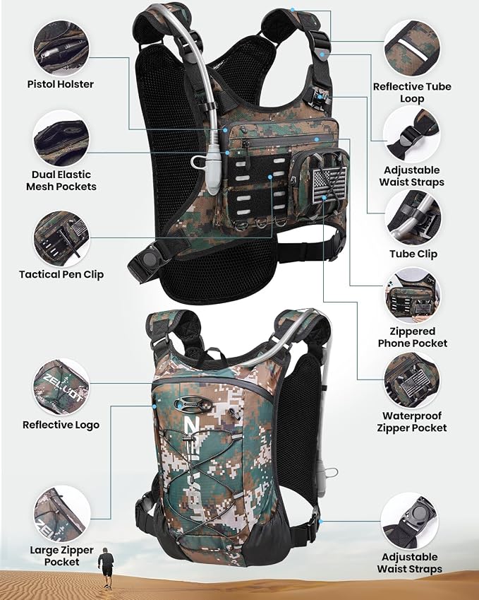 Zelvot Running Vest with 2L Water Bladder, Hydration Backpack, U.S. Design Patent, Lightweight Hydration Pack with Gear Holder, Reflective Chest Pack for Men Women